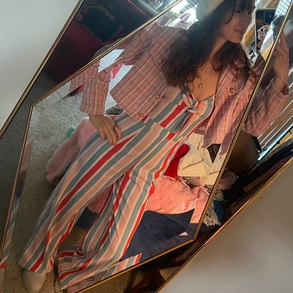 Romeo & Juliet Couture Striped Multicolor Jumpsuit bow in front of - Picture 3 of 7